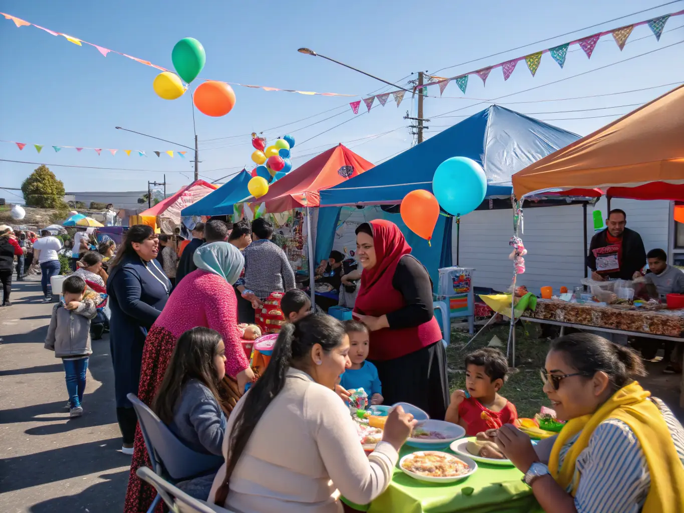 A photograph showcasing a cultural festival organized by MEKECUP NATION, featuring traditional music, dance, and food stalls, with community members of all ages enjoying the festivities.