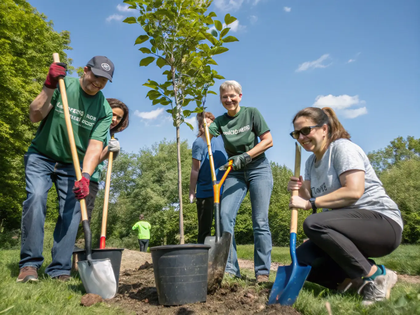 A photograph depicting volunteers from MEKECUP NATION working together on a community project, such as cleaning up a local park or planting trees, showcasing their dedication to environmental stewardship.