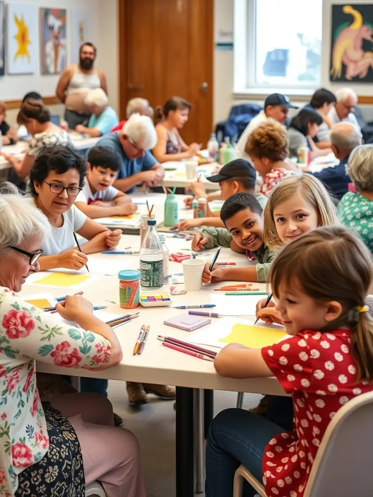 A group of children and adults participating in a community workshop, learning new skills and creating art together, fostering creativity and collaboration in Maurs.