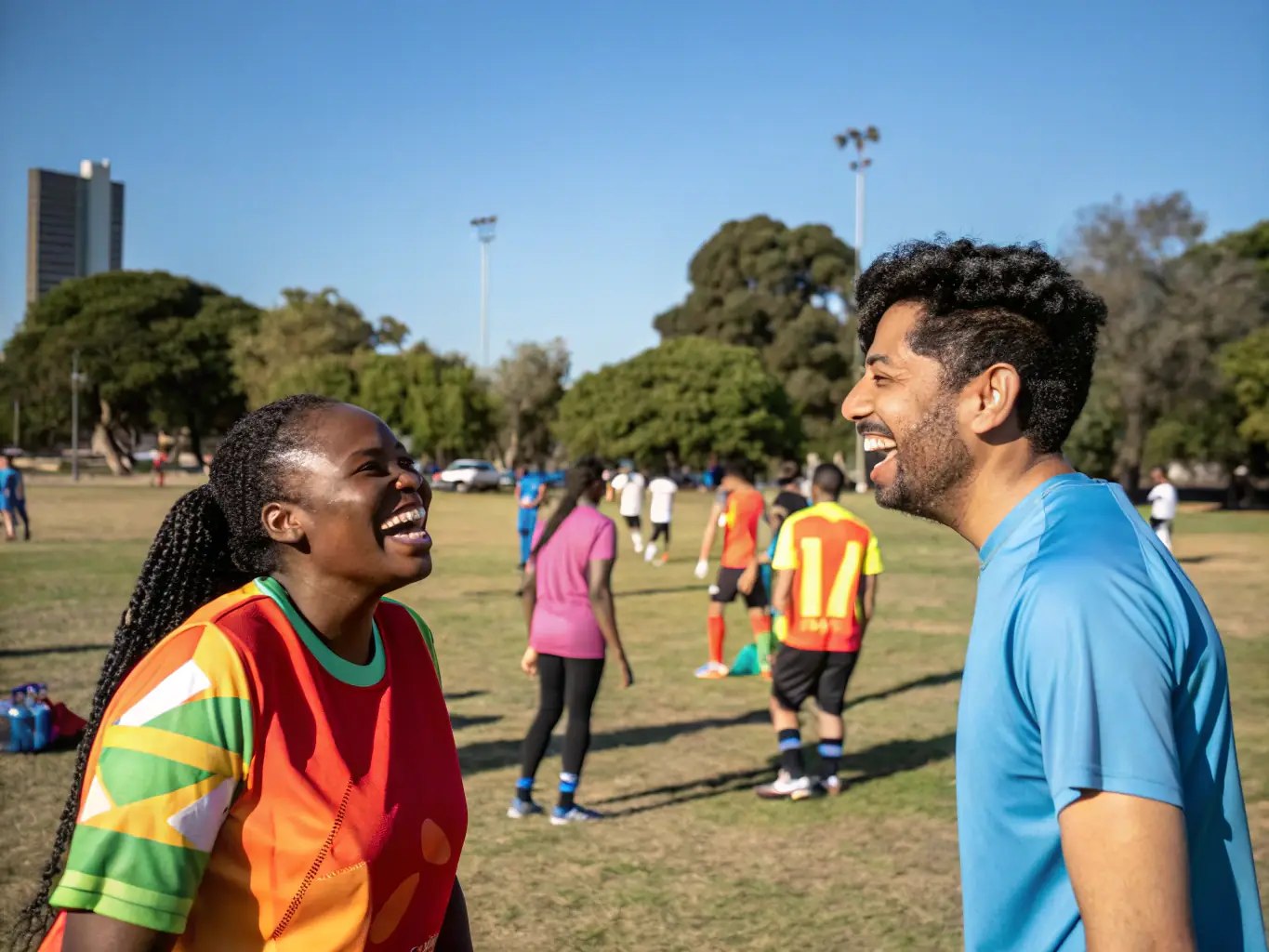 A photograph capturing a diverse group of community members joyfully participating in a MEKECUP NATION organized sports day, with banners and smiling faces visible in the background.