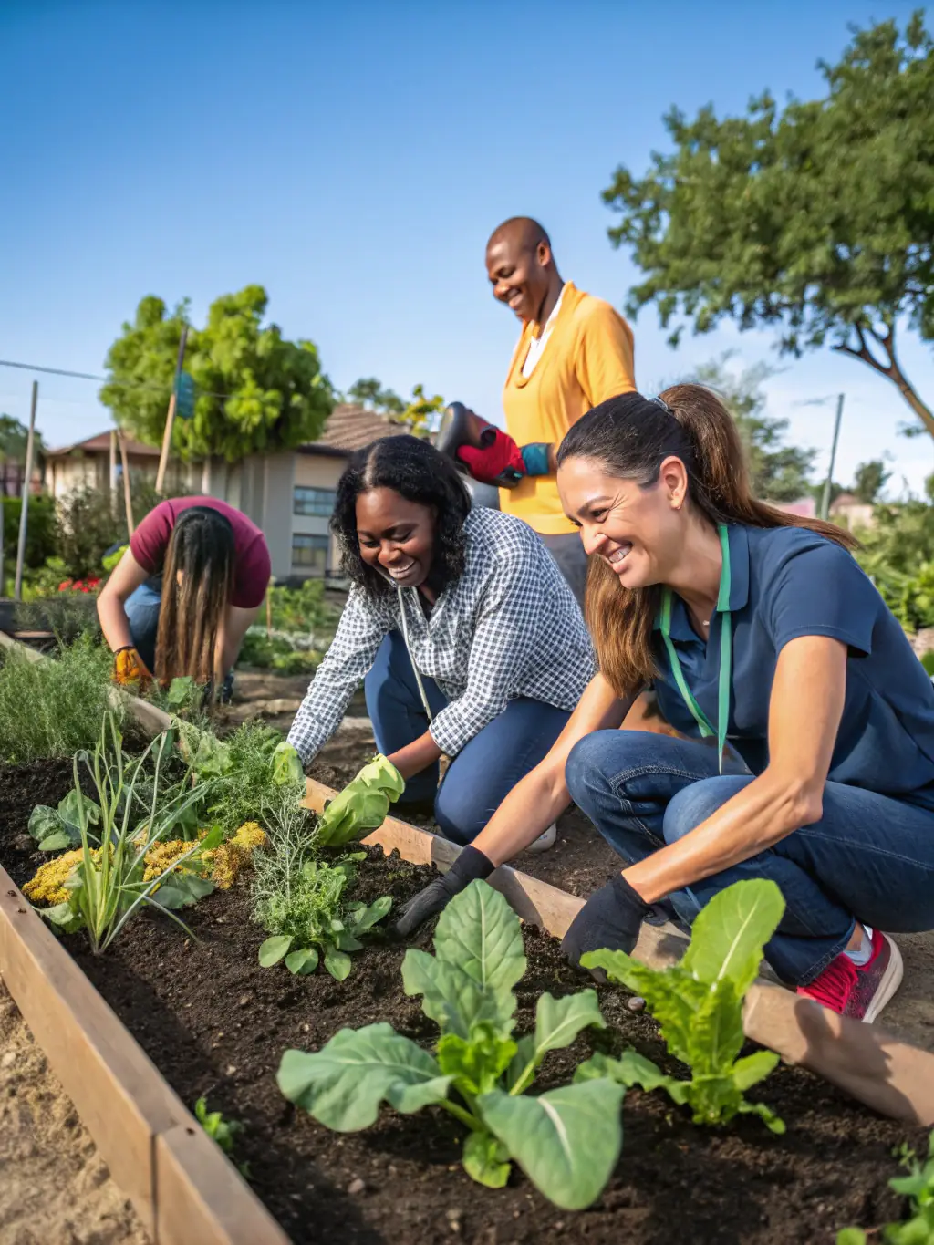 Volunteers of MEKECUP NATION working together in a community garden, planting vegetables and flowers, with smiles on their faces and a sense of purpose.
