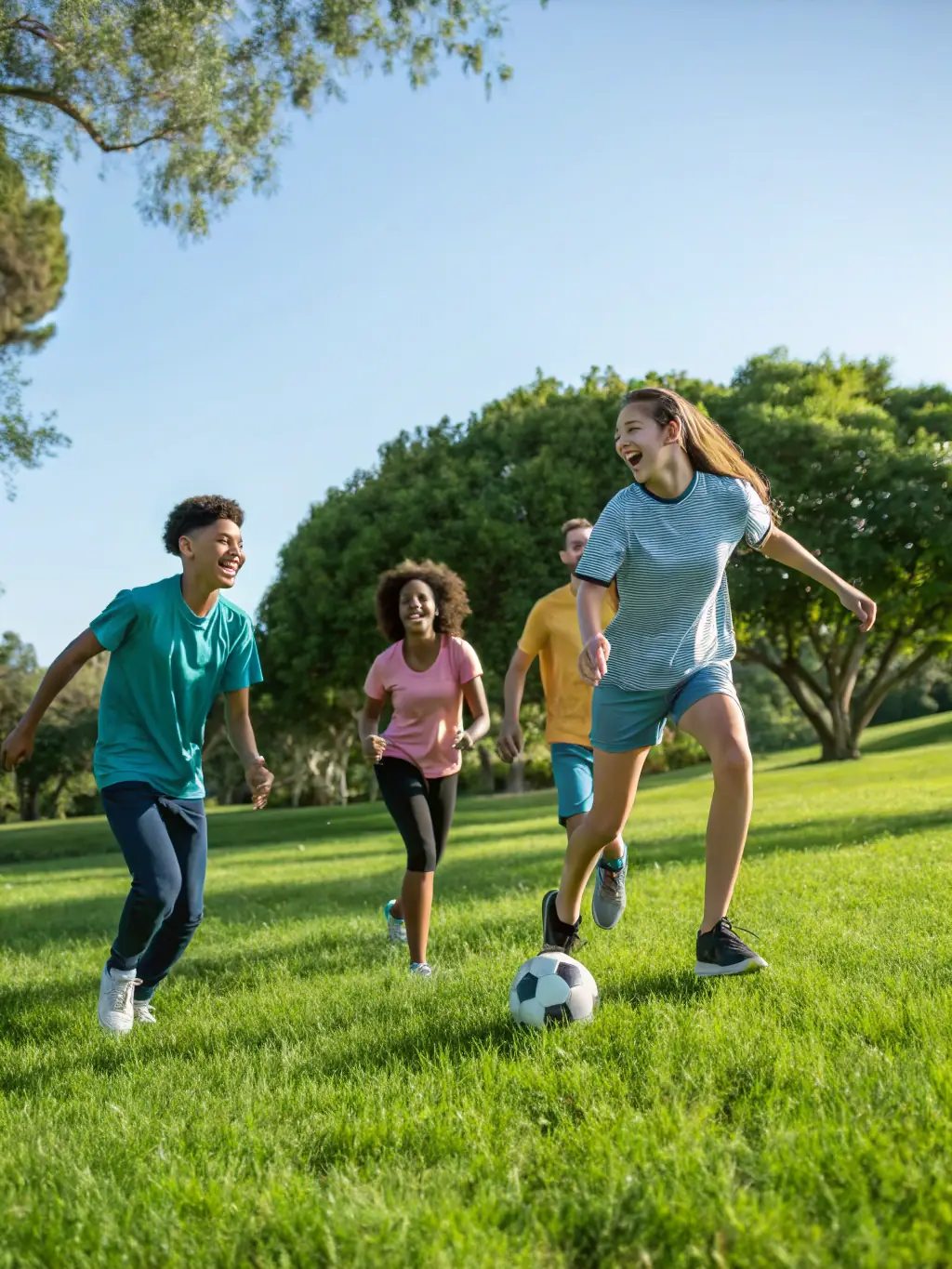 A group of diverse community members joyfully participating in a local soccer match, wearing colorful jerseys and cheering each other on, set against a backdrop of a sunny park in Maurs.